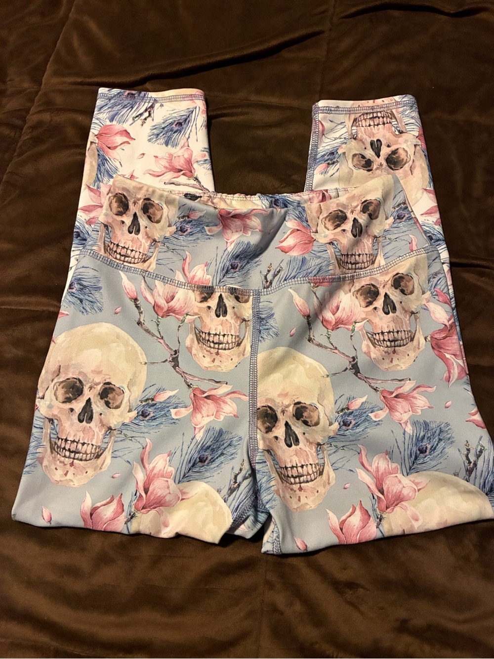 Evolution and Creation Light Blue Skull & Pink Floral Leggings, size medium